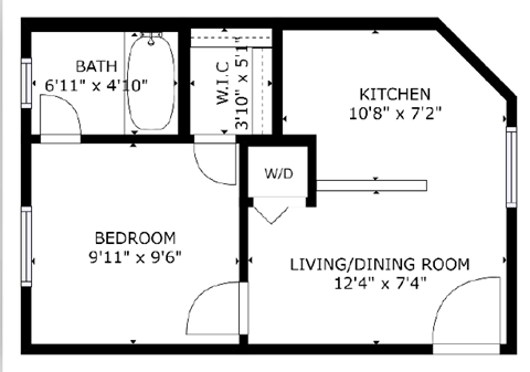 Floor plan for 1 bed, 1 bath, 333 sqft